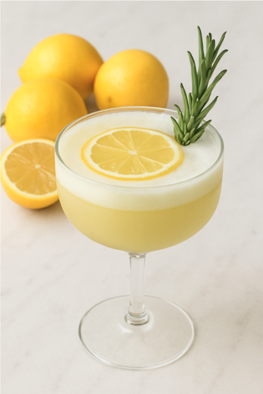 Rosemary & Lemon Sour Coacktail mit Sipsmith, garniert mit einer Zitronenscheibe und einem Rosmarin-Zwerg