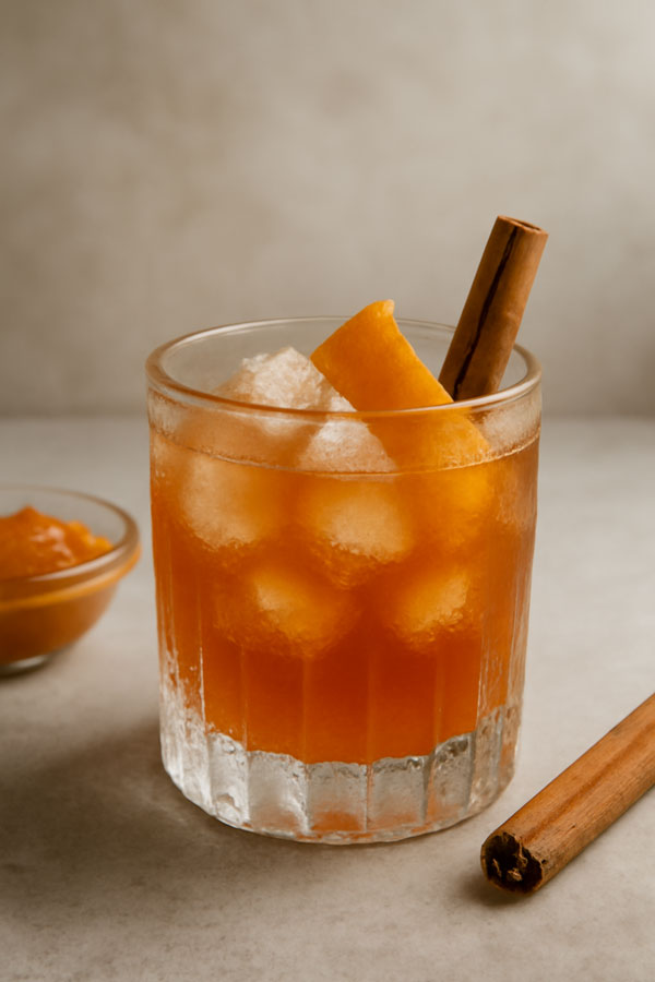 Ein Glas mit Bowmore Spiced Pumpkin Old Fashioned garniert mit Eis und einer Zimtstange neben einem Schälchen mit Kürbispürree und einer Zimtstange