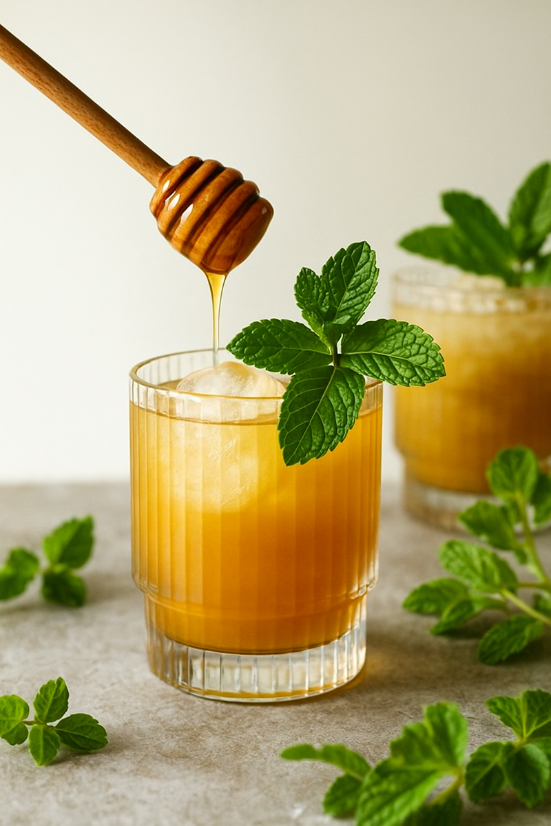 Bowmore Hney & Herb Smash Cocktail im Glas dekoriert mit Minze, wobei Honig von einem Honiglöffel herunter tropft