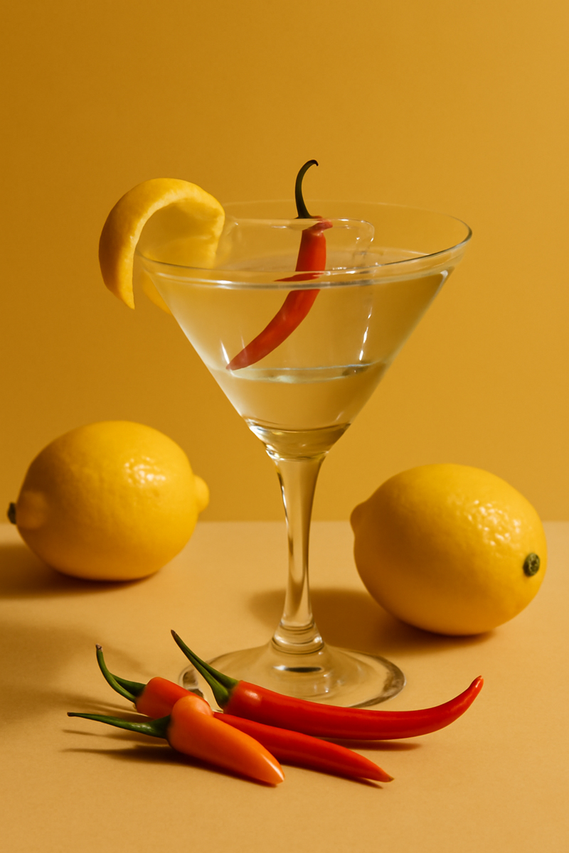Haku-Vodka in einem Martiniglas, garniert mit Zitronenzeste und einer Chili, daneben liegen 3 Chlischoten und 2 Zitronen