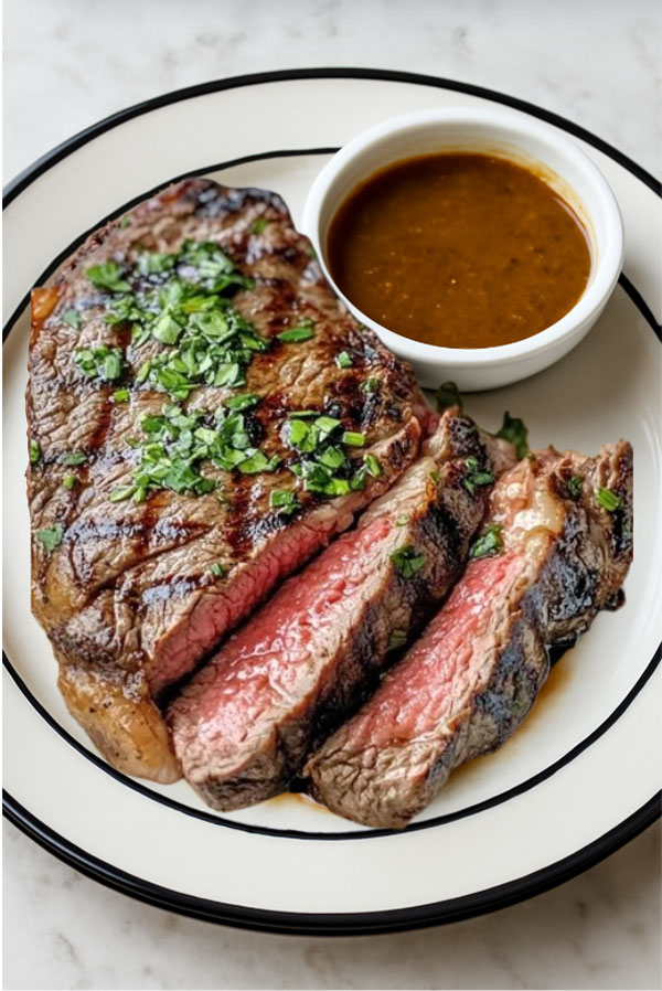 Ein medium gebratenes Stück Steak auf einem Teller garniert mit Kräutern neben iener Schale Laphroaig Smoky Marinade