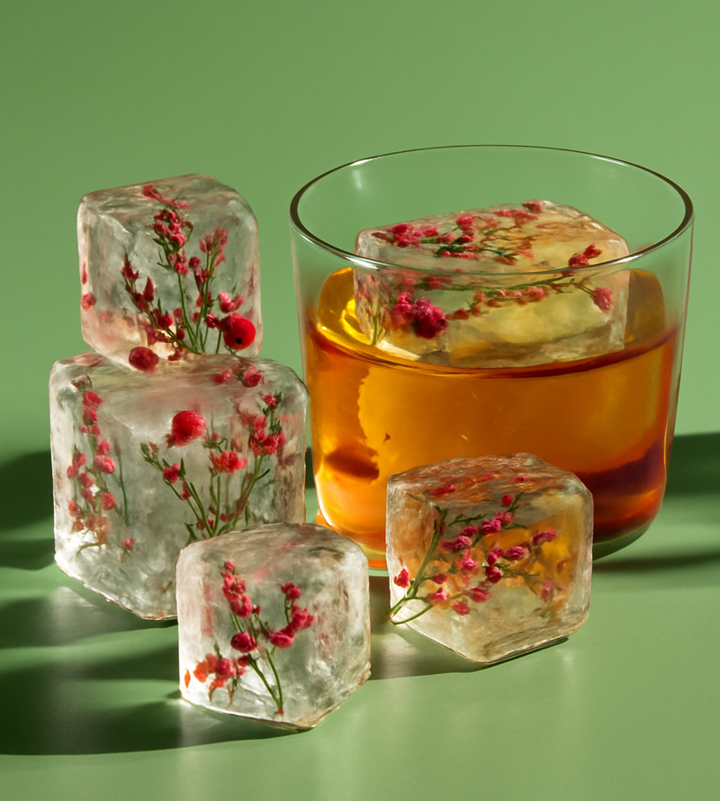 Laphroaig Cocktail mit einem mit mit rosa Blüten befüllten Eiswürfel, danaben liegen 3 weitere Eiswürfel