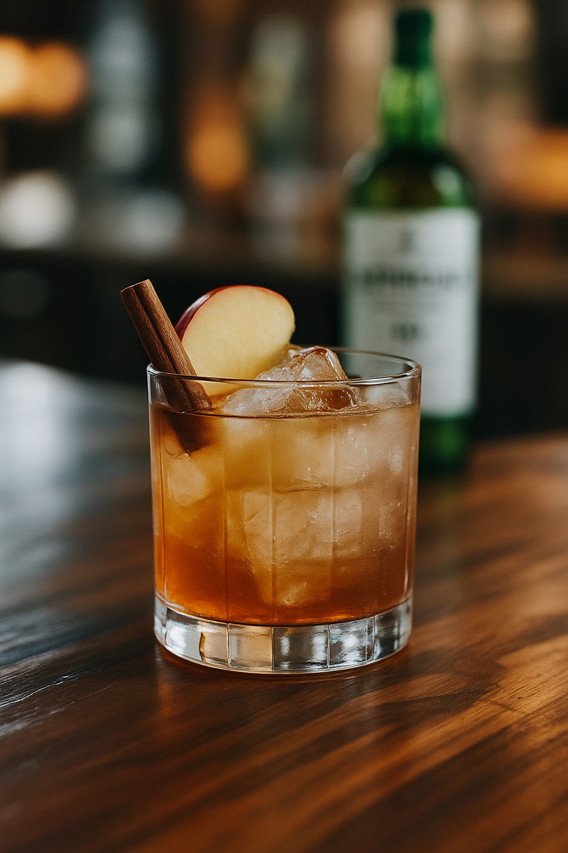Laphroaig Smoked Apple Sour Cocktail in einem Glas, dekoriert mit Eis und Zimtstange, auf einem Holztisch und mit einer Flasche Laphroaig im Hintergrund