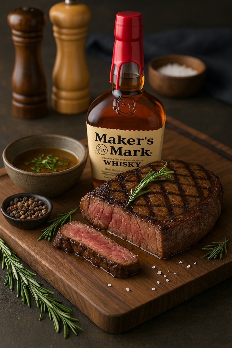 Flasche Makers's Mark neben einem marinierten Steak und der Marinade in einem Schüsselchen