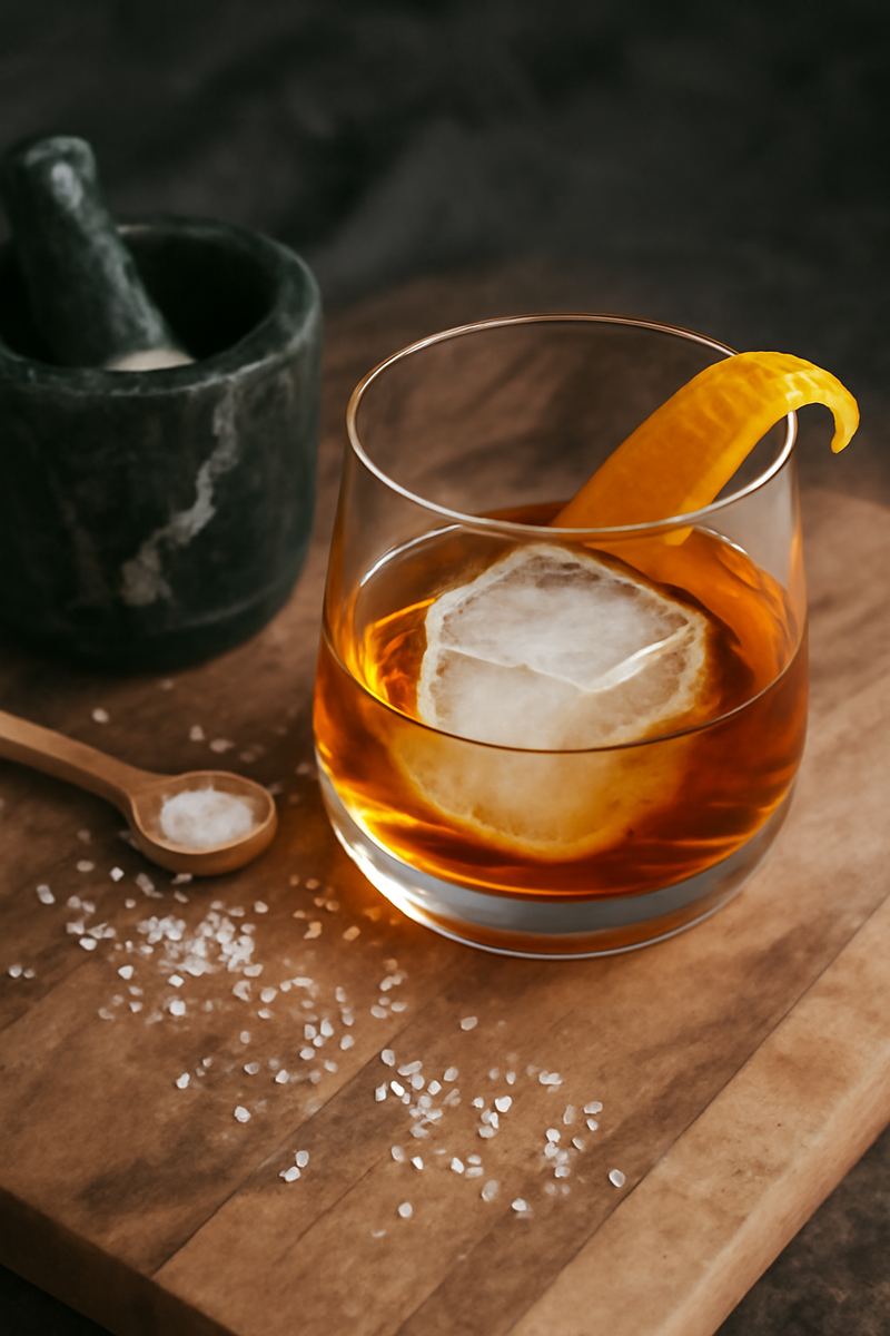 Maker's Mark Smoky Maple Old Fashioned Cocktail im Glas mit Eiswürfel und Orangenzeste auf einem Holztisch neben einem Löffel mit Salzkristallen