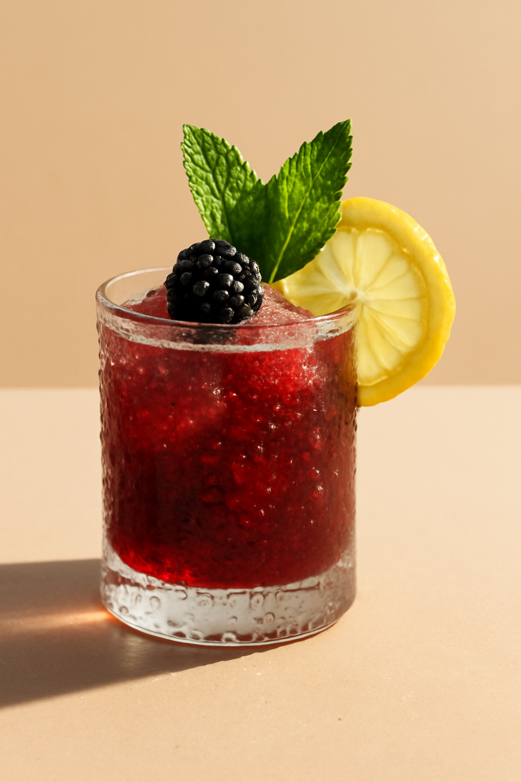 Maker’s Mark Sunset Smash Coacktail im Glas garniert mit einer Zitronenscheibe, einer Brombeere und Minzeblättern