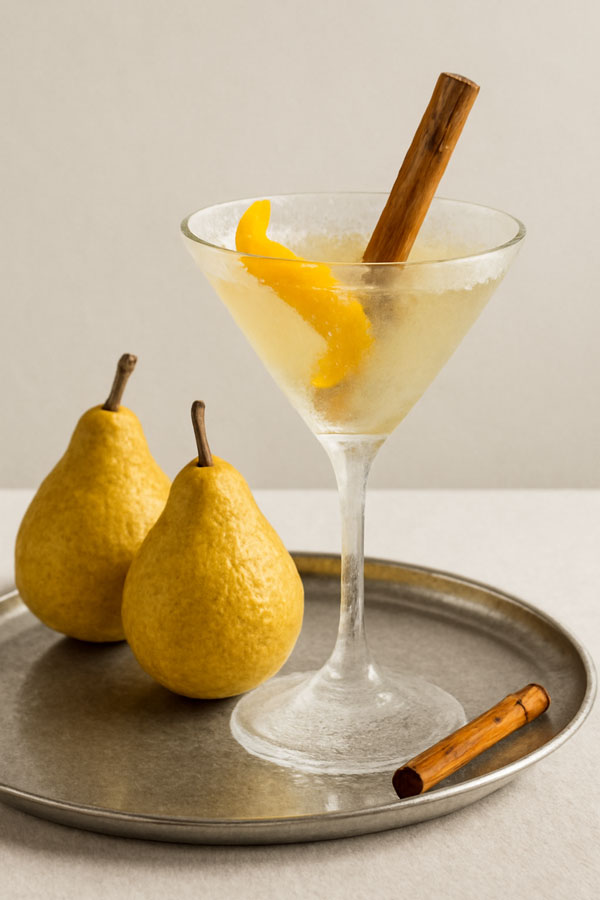 Ein Glas mit Roku Pear Martini, garniert mit Birmenscheiben und Zimtstange auf eibnem Metall-Tablett mit 2 Birnen und einer Zimtstange