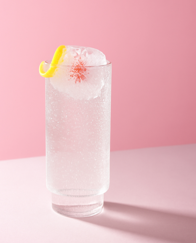ROKU Summer Bloom Cocktail in einem Longdrink-Glas garniert mit Eiswürfeln mit Kirschblüten-Blättern und Zitronenzeste