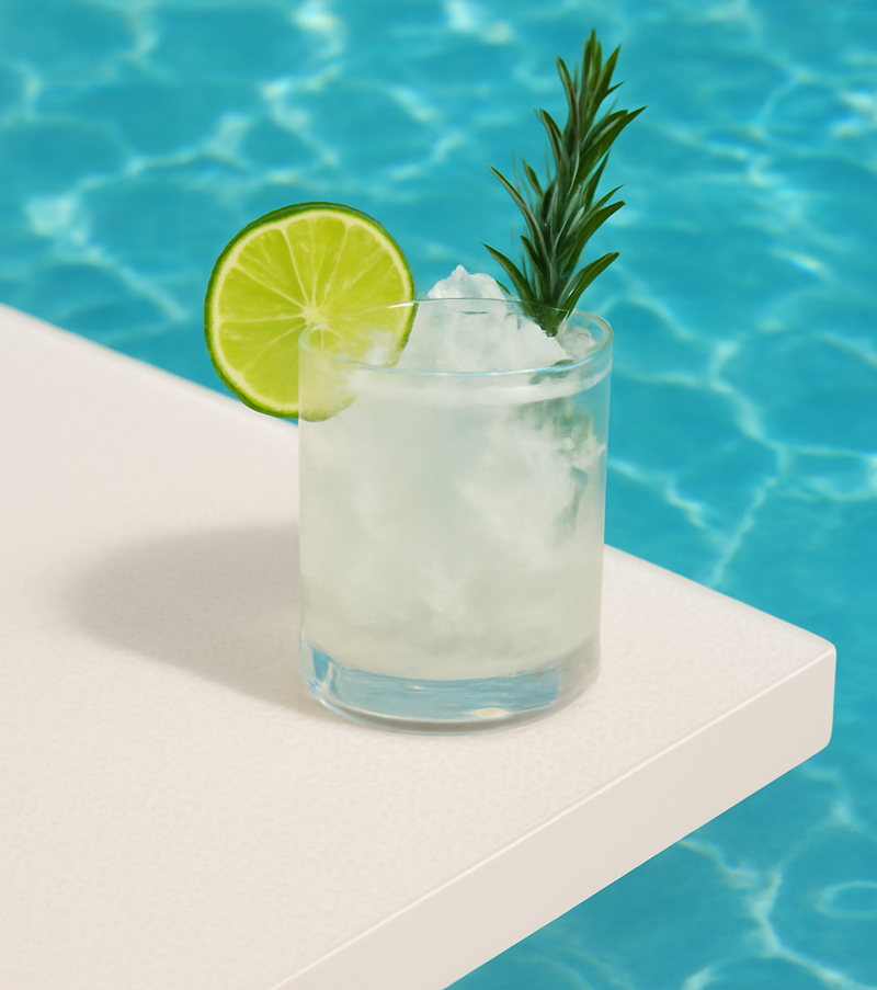 Roku Beach Breeze Cocktail garniert mit Limette udn Rosmarin auf einem weißen Tisch mit Wasser im Hintergrund