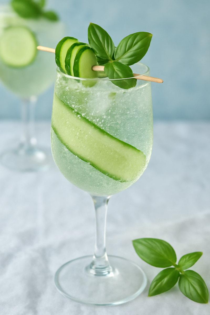 Cucumber & Basil Gin Fizz im Glas garniert mit einer Gurkenscheibe daneben liegt ein Basilikum-Zweig