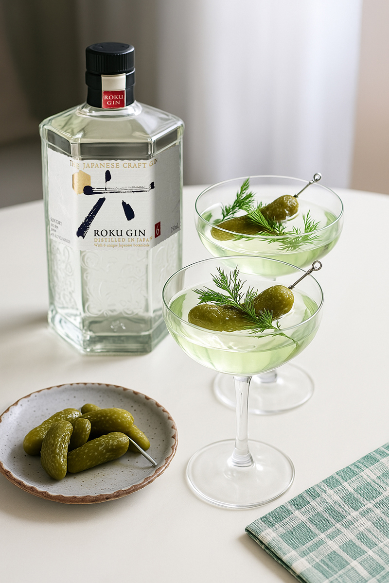 Roku Gin Flasche mit zwei Coacktails in Gläsern und einem Teller mit Gewürzgruken