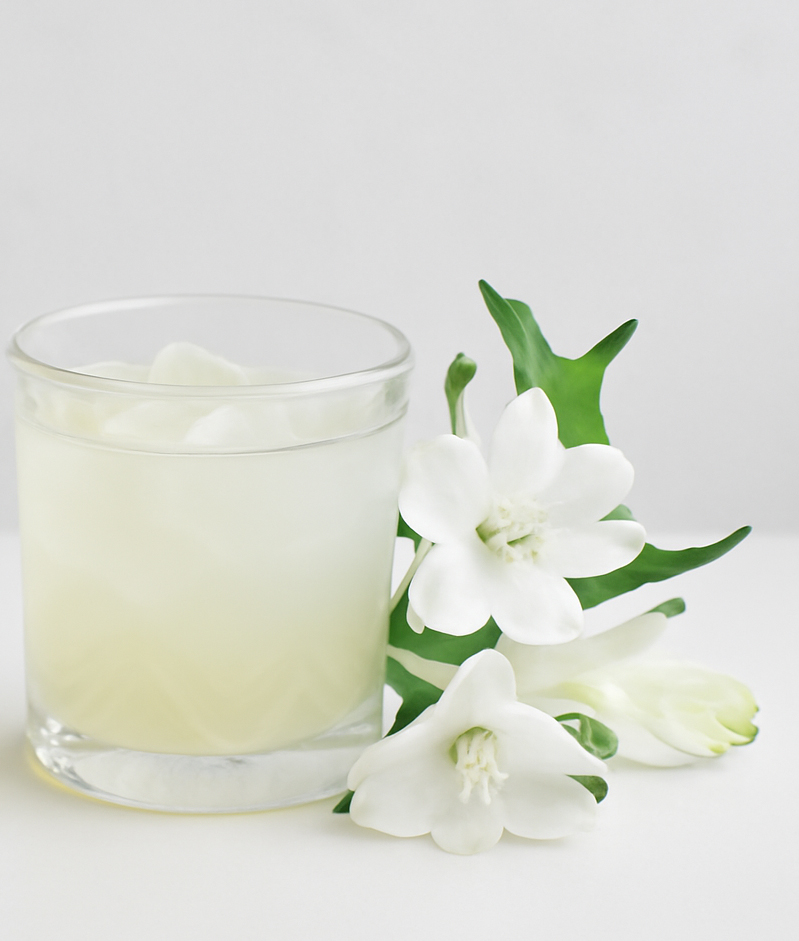Roku Gin im Glas mit einem weißen Blumenzweig als Dekoration