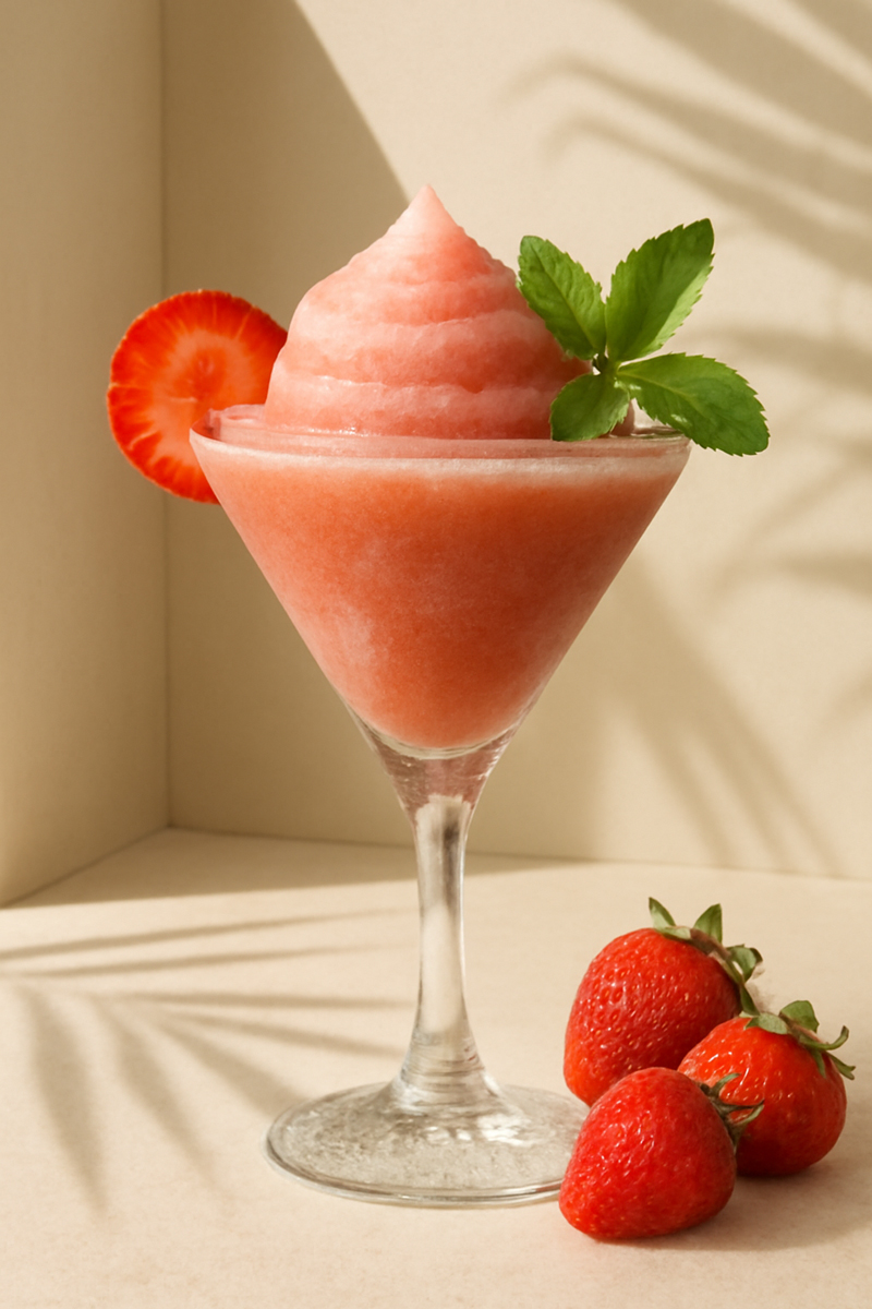 Erdbeer-Froen-Cocktail im Coacktailglas garniert mit Erdbeere und Minze, daneben liegen 3 Erdbeeren