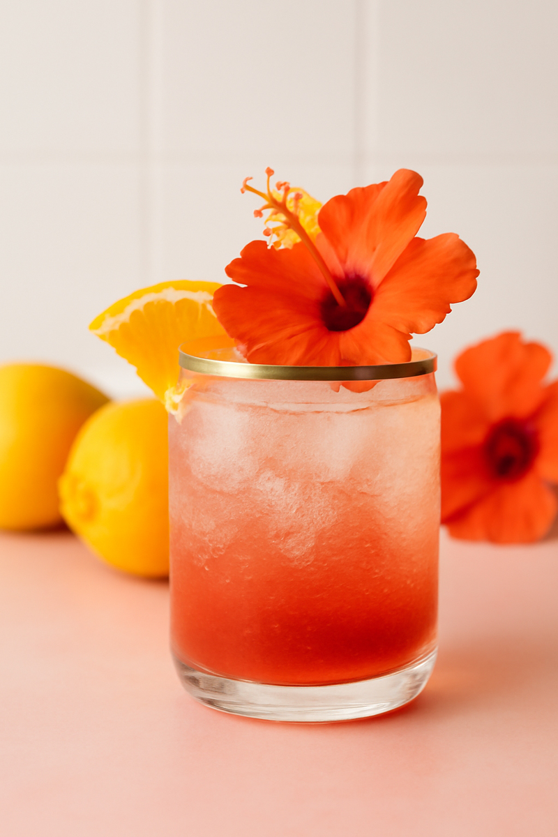 Hibiscus Fizz mit Sipsmith Coacktail im Glas mit einer Hibiskus-Blüte udn Zitronenscheibe